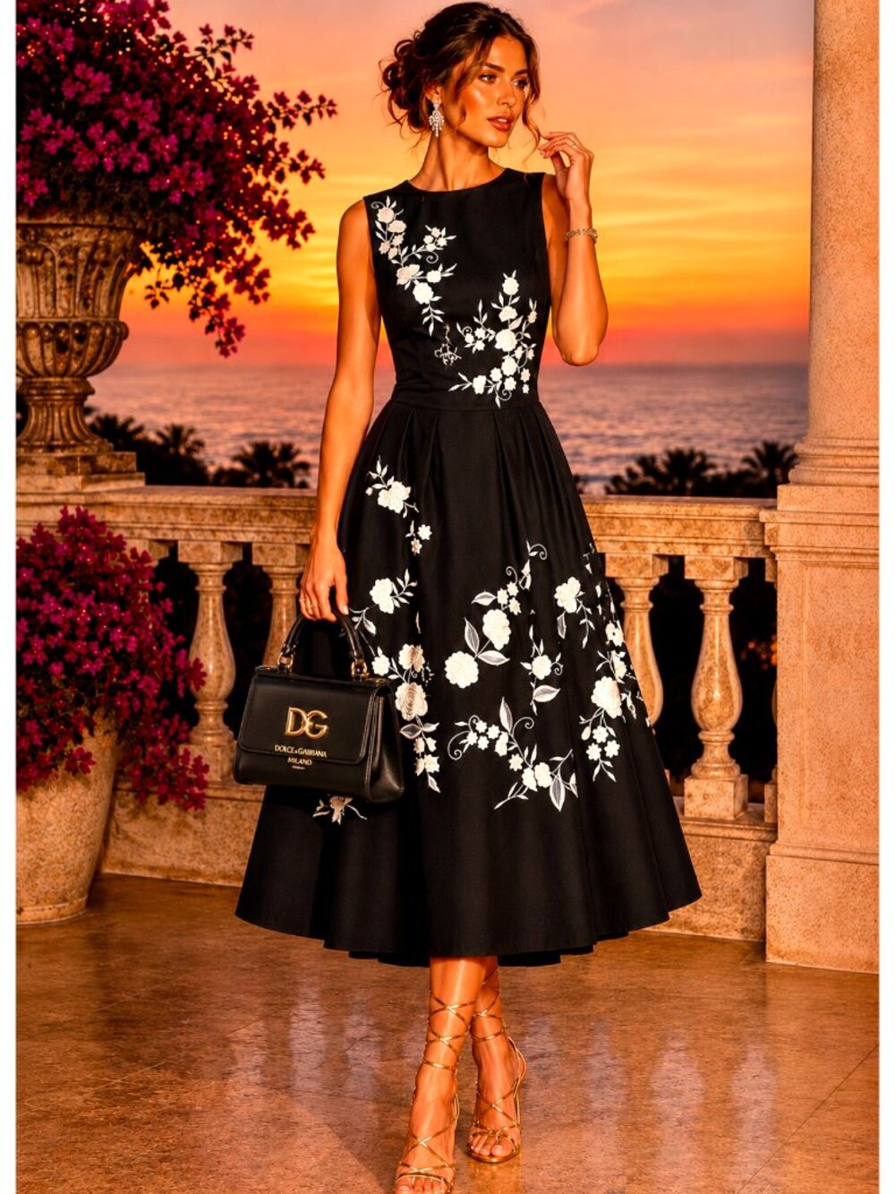 Carolina Herrera  floral embroidered silk faille fit & flare dress Size M, 8 US